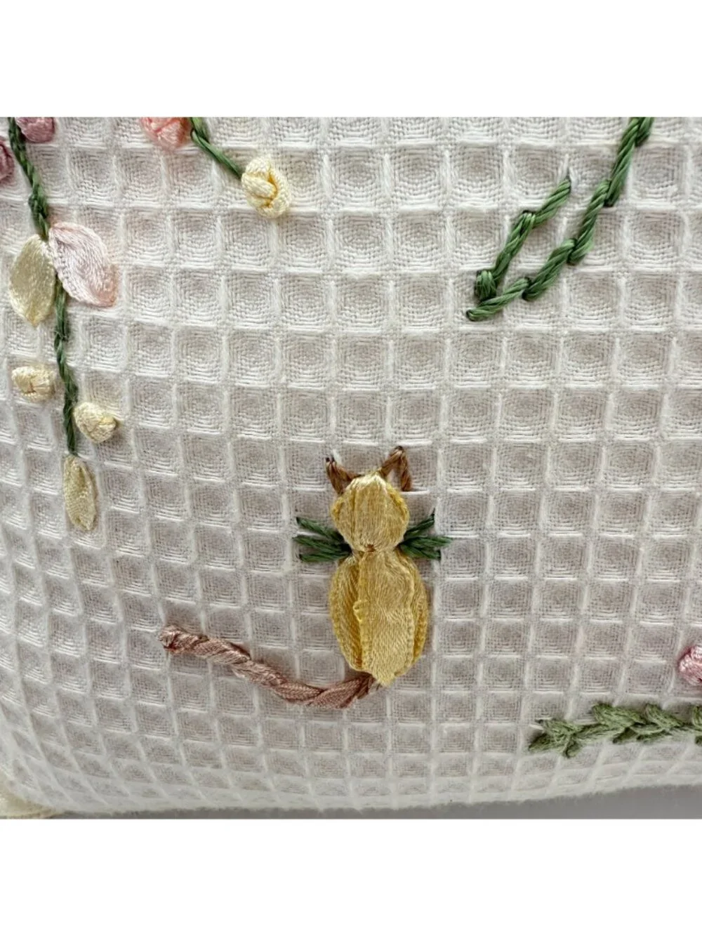 Ribbon Embroidered Throw Pillow Joy Floral Cat Ruffled Edge Cottagecore 9 In